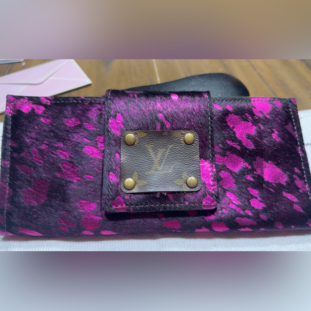 Metallic Hot Pink & Black hair on hide Leather Clutch or wallet